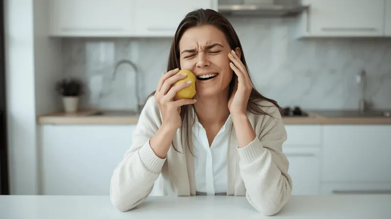 Woman with tooth pain while biting into an apple
